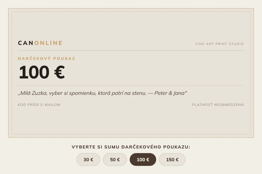 Darčekový poukaz Canonline v hodnote 100 € s venovaním a výberom súm